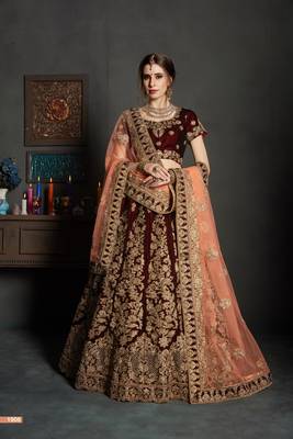 Maroon Embroidered Velvet Unstitched Lehenga With Dupatta 1