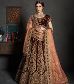 Maroon Embroidered Velvet Unstitched Lehenga With Dupatta