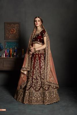 Maroon Embroidered Velvet Unstitched Lehenga With Dupatta 2