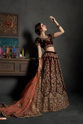 Maroon Embroidered Velvet Unstitched Lehenga With Dupatta 3