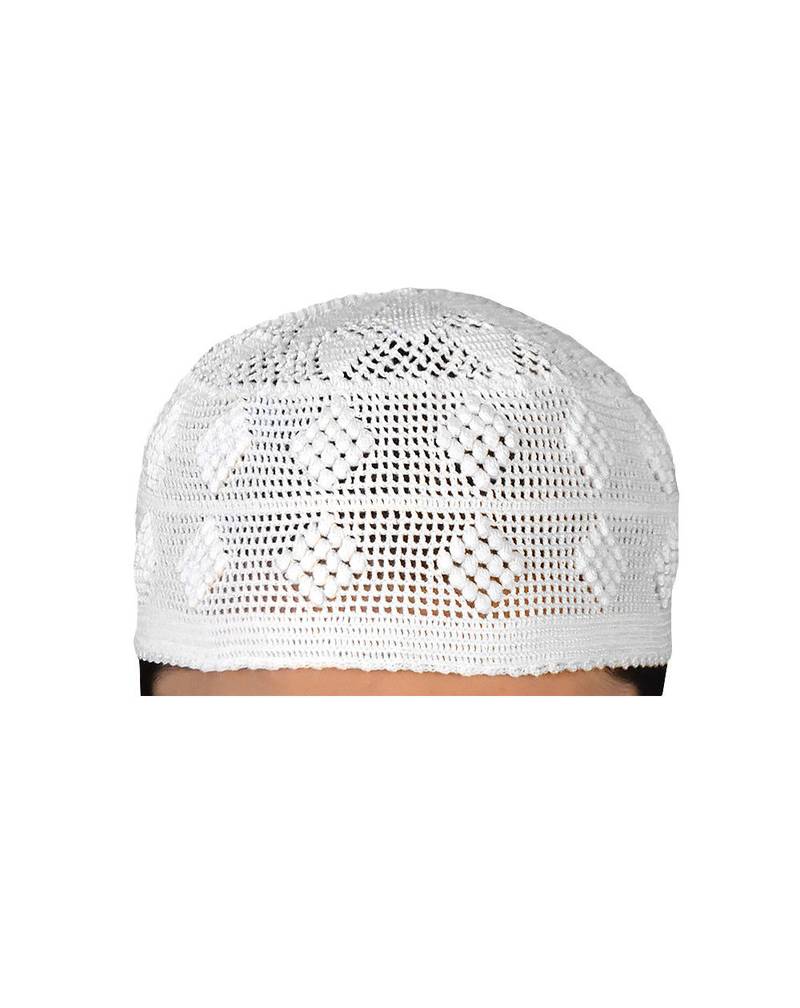 white islamic prayer cap with rhombus pattern