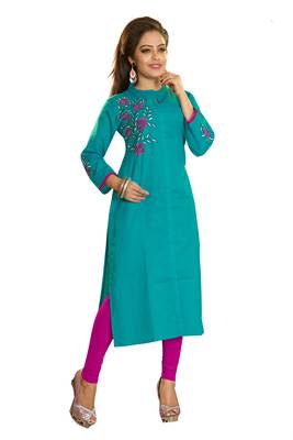 Aqua Blue Embroidered Cotton Kurti 1