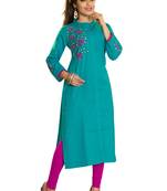 Aqua Blue Embroidered Cotton Kurti