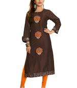 Brown Embroidered Cotton Kurti
