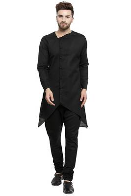 Designer Black Linen Kurta With Black Churidar Pyjama For Men By Treemoda 1