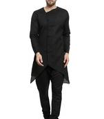 Designer Black Linen Kurta With Black Churidar Pyjama For Men By Treemoda