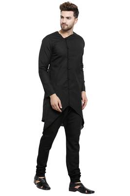 Designer Black Linen Kurta With Black Churidar Pyjama For Men By Treemoda 2