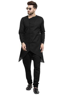 Designer Black Linen Kurta With Black Churidar Pyjama For Men By Treemoda 3