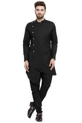 Designer Black Linen Kurta With Black Churidar Pyjama For Men By Treemoda 1
