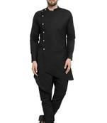 Designer Black Linen Kurta With Black Churidar Pyjama For Men By Treemoda