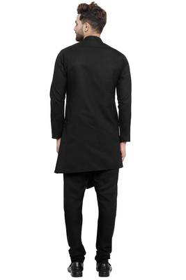 Designer Black Linen Kurta With Black Churidar Pyjama For Men By Treemoda 3