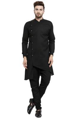 Designer Black Linen Kurta With Black Churidar Pyjama For Men By Treemoda 1