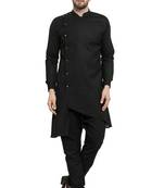 Designer Black Linen Kurta With Black Churidar Pyjama For Men By Treemoda