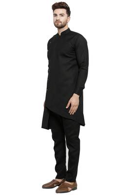 Designer Black Linen Kurta With Black Churidar Pyjama For Men By Treemoda 3