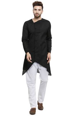 Designer Black Linen Kurta With White Churidar Pyjama For Men By Treemoda 1