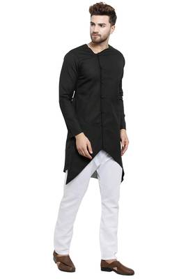 Designer Black Linen Kurta With White Churidar Pyjama For Men By Treemoda 2