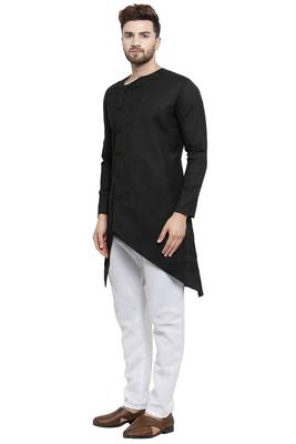 Designer Black Linen Kurta With White Churidar Pyjama For Men By Treemoda 3