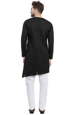 Designer Black Linen Kurta With White Churidar Pyjama For Men By Treemoda 4