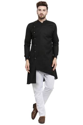 Designer Black Linen Kurta With White Churidar Pyjama For Men By Treemoda 1