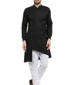 Designer Black Linen Kurta With White Churidar Pyjama For Men By Treemoda