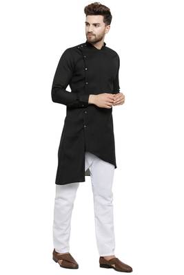 Designer Black Linen Kurta With White Churidar Pyjama For Men By Treemoda 2
