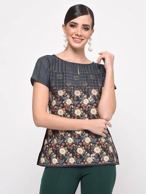Navy blue printed crepe party tops 3