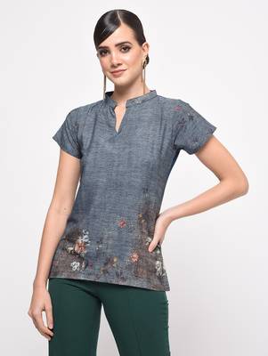 Blue printed crepe party tops 3