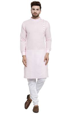 Designer Pink Linen Kurta With Churidar Pyjama For Men By Treemoda 1