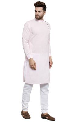 Designer Pink Linen Kurta With Churidar Pyjama For Men By Treemoda 2