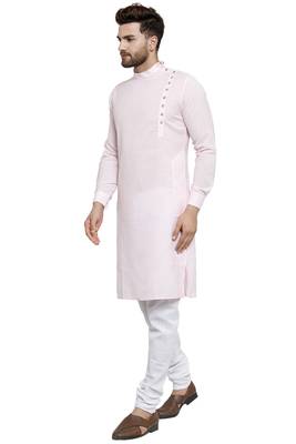Designer Pink Linen Kurta With Churidar Pyjama For Men By Treemoda 3