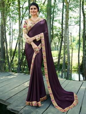 Purple Embroidered Brocade Silk Saree With Blouse 1