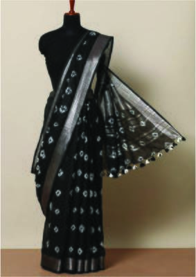 Dark Chocolate Hued Saree In Linen With Shibori Work 1