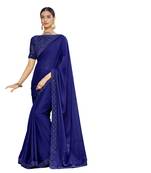Royal blue embroidered satin saree with blouse