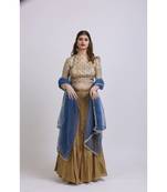 Beige Gold Printed Blouse with embroidery and silk lehenga with contrast blue dupatta
