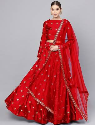 Red Mirror Work Art Silk Semi Stitched Indian Wedding Lehenga Dress 1