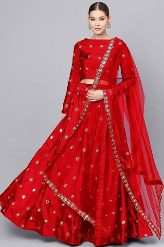 Red Mirror Work Art Silk Semi Stitched Indian Wedding Lehenga Dress