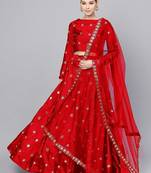 Red Mirror Work Art Silk Semi Stitched Indian Wedding Lehenga Dress
