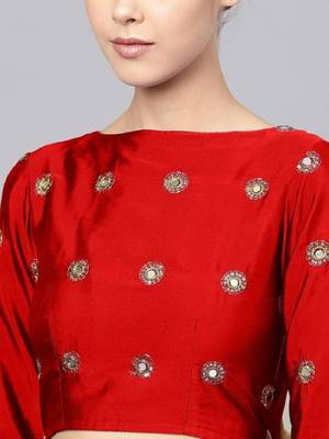 Red Mirror Work Art Silk Semi Stitched Indian Wedding Lehenga Dress 2
