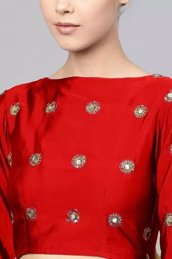 Red Mirror Work Art Silk Semi Stitched Indian Wedding Lehenga Dress
