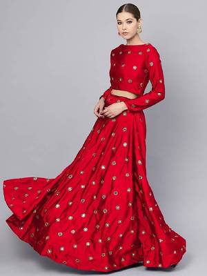 Red Mirror Work Art Silk Semi Stitched Indian Wedding Lehenga Dress 3