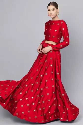 Red Mirror Work Art Silk Semi Stitched Indian Wedding Lehenga Dress