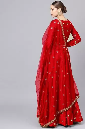 Red Mirror Work Art Silk Semi Stitched Indian Wedding Lehenga Dress