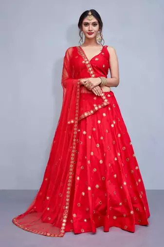 Eye-catching Red Embroidered with mirror work Art Silk Lehenga choli for wedding