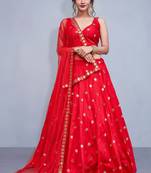 Eye-Red Embroidered With Mirror Work Art Silk Lehenga Choli For Wedding