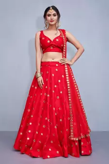 Eye-Red Embroidered With Mirror Work Art Silk Lehenga Choli For Wedding