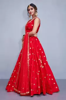Eye-Red Embroidered With Mirror Work Art Silk Lehenga Choli For Wedding