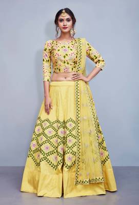 Yellow Embroidered Art Silk Unstitched Lehenga With Dupatta 1