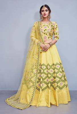 Yellow Embroidered Art Silk Unstitched Lehenga With Dupatta 2