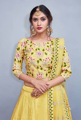 Yellow Embroidered Art Silk Unstitched Lehenga With Dupatta 3