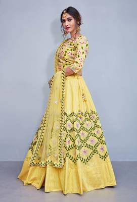 Yellow Embroidered Art Silk Unstitched Lehenga With Dupatta 4